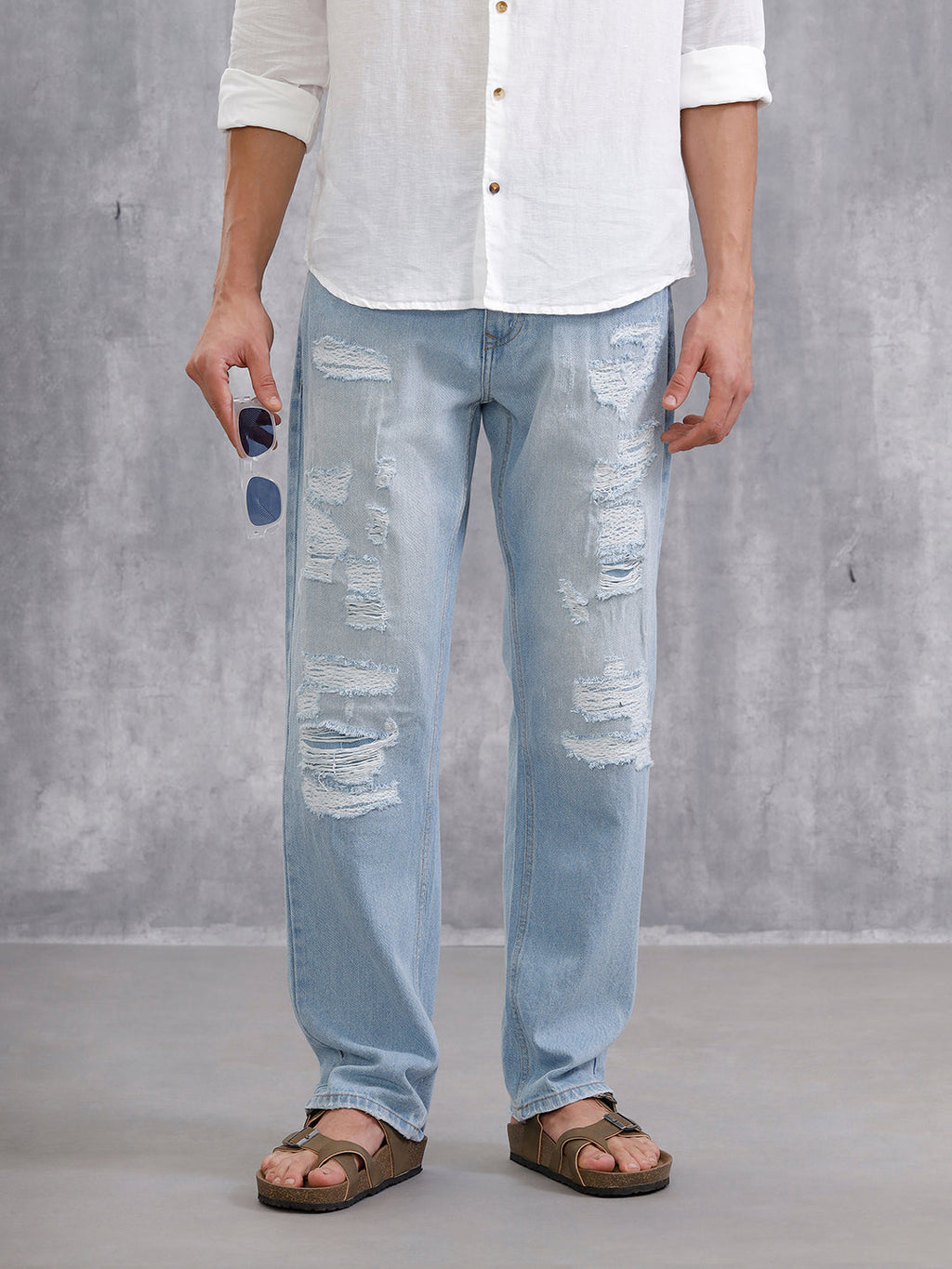 Solid Anti Fit Distressed Jeans | Light Blue
