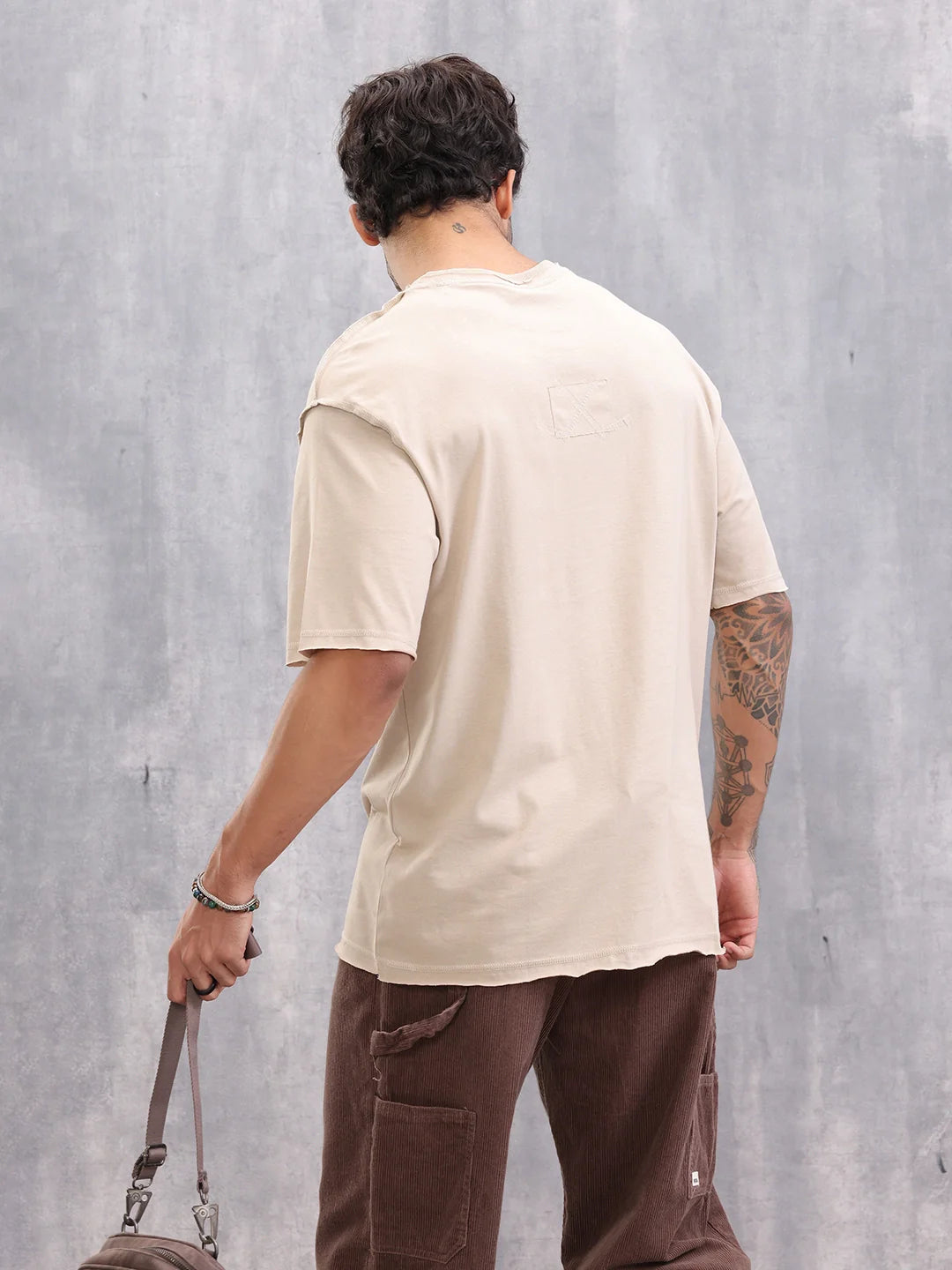 Raw Edge Oversized Fit T-shirt With Flat Lock Detail | Beige