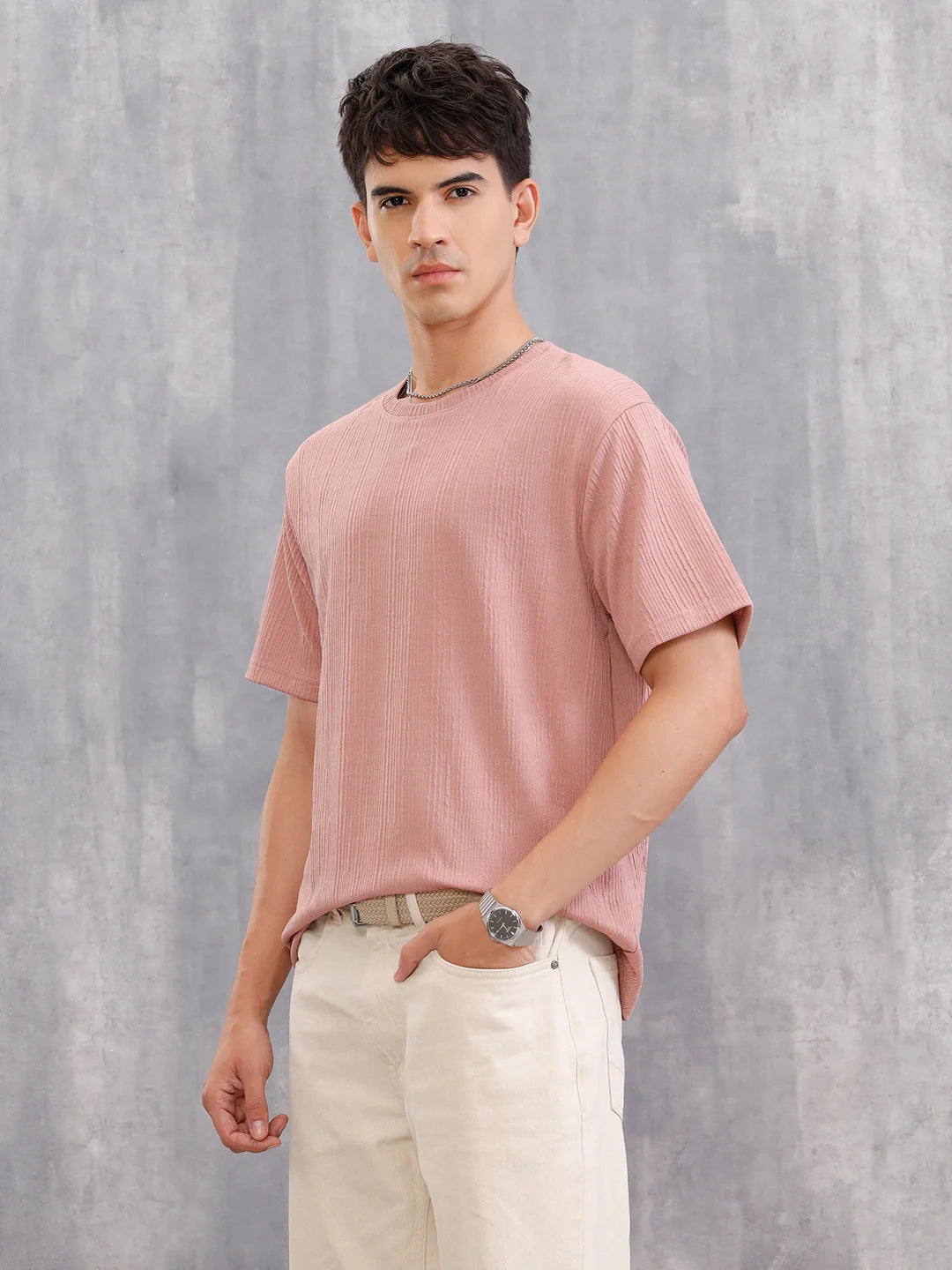 Honeycomb Textured Knit Crew Neck Pullover In Oversized Fit  |  Pink