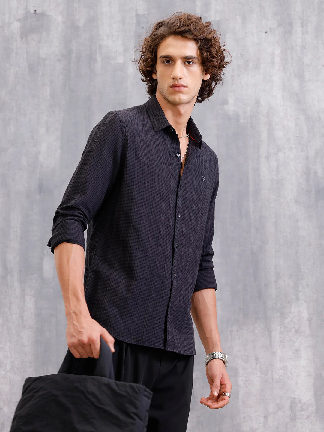 Modal Blend Seersucker Shirt In Slim Fit | Black