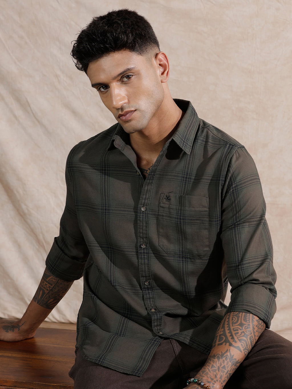 Tonal Checks Regular Fit Shirt | Olive