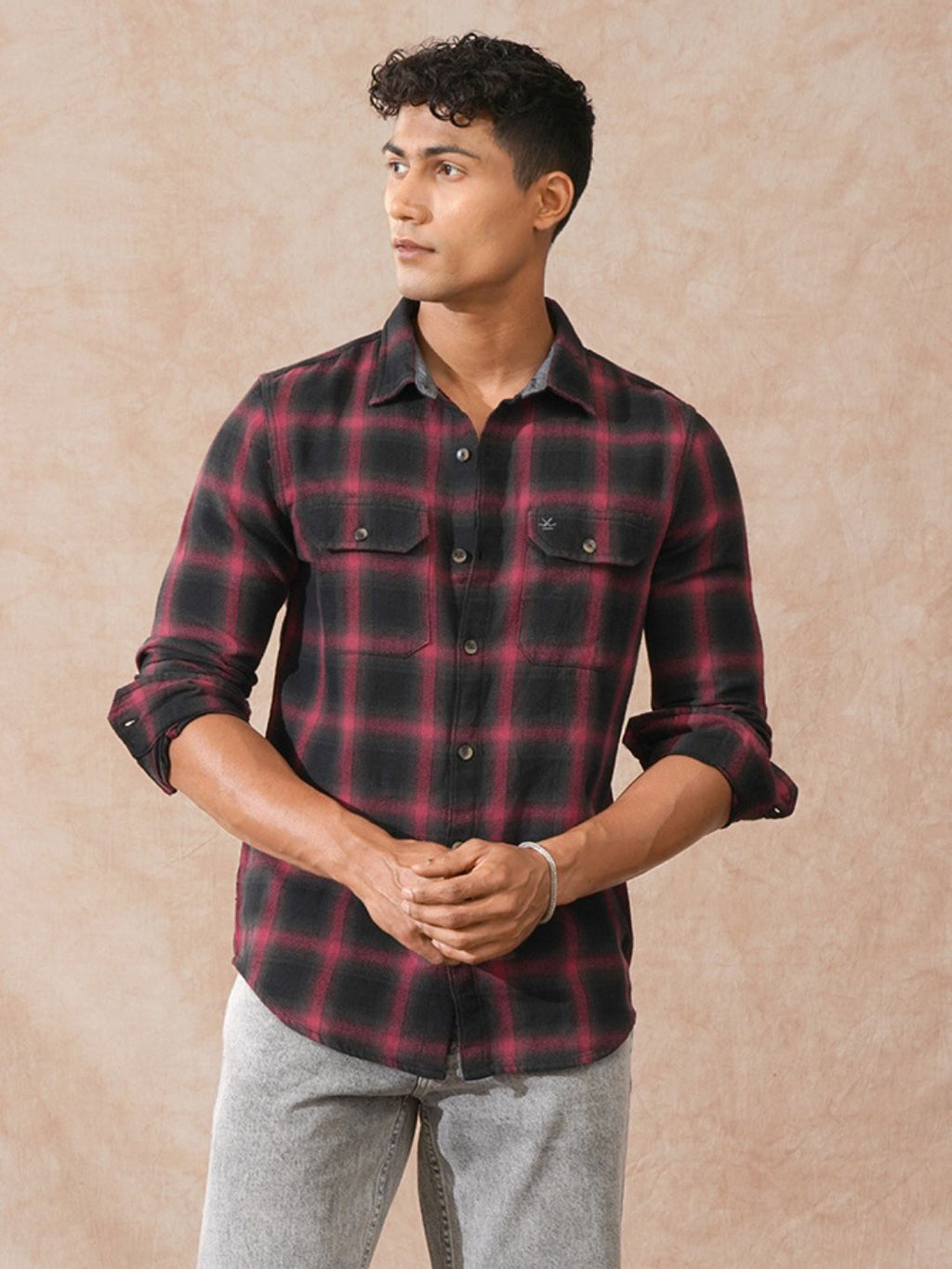 Brushed Herringbone Checked Shirt | Black