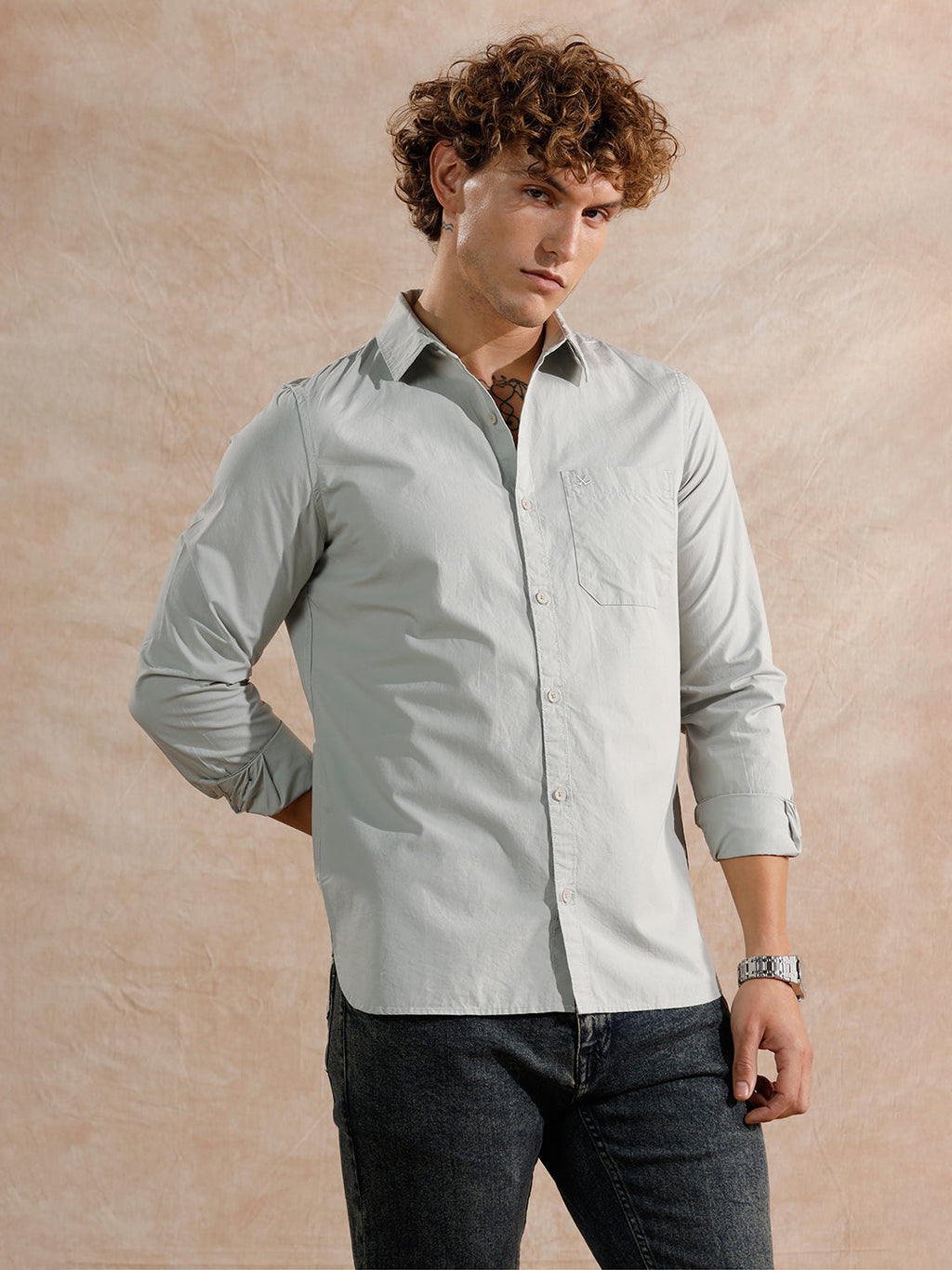Solid Regular Fit Cotton Shirt | Grey