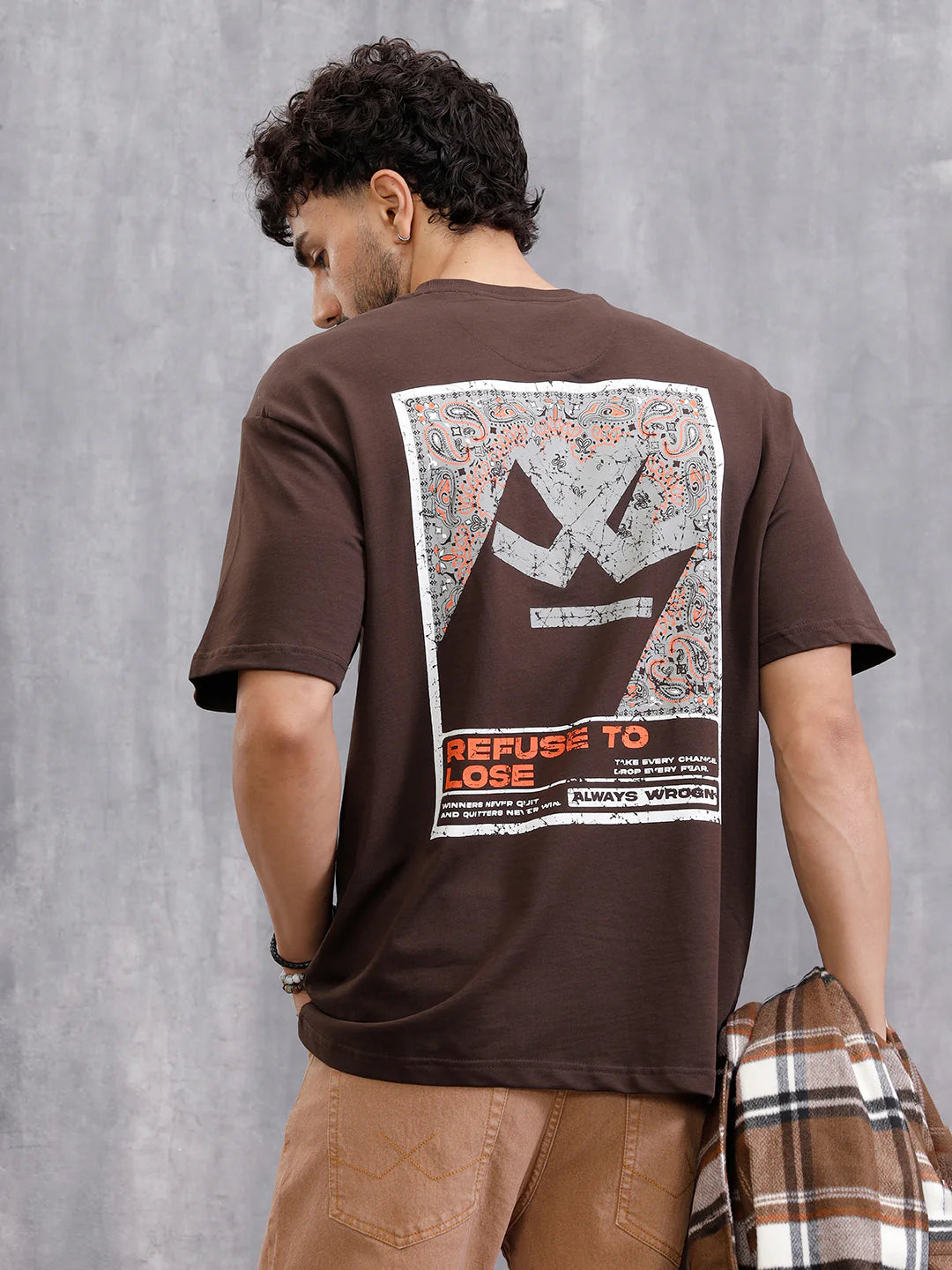 Bandana Inspired Oversized Back Print Crew Neck T-Shirt | Brown