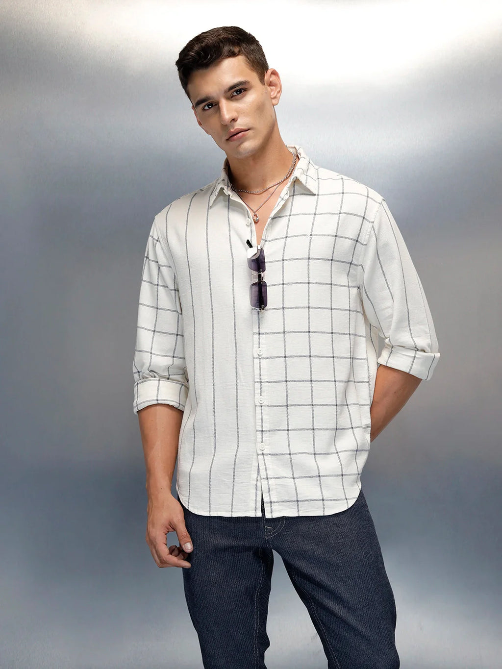 Asymmetrical Pattern Comfort Fit Men's Casual Shirt | White