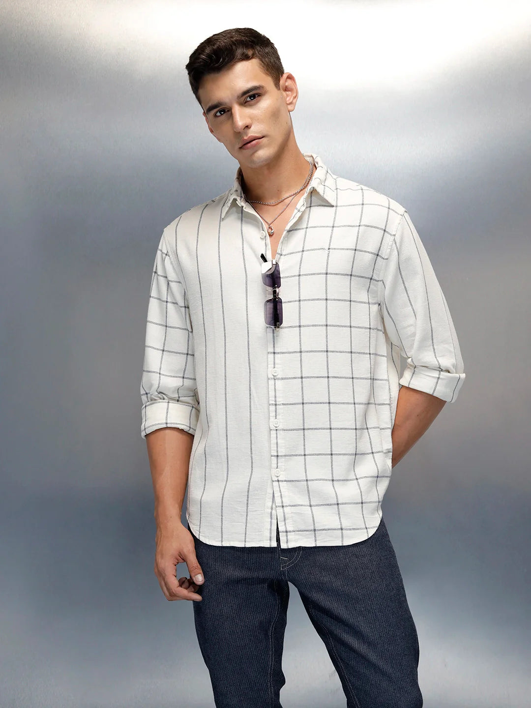 Asymmetrical Pattern Comfort Fit Men's Casual Shirt | White