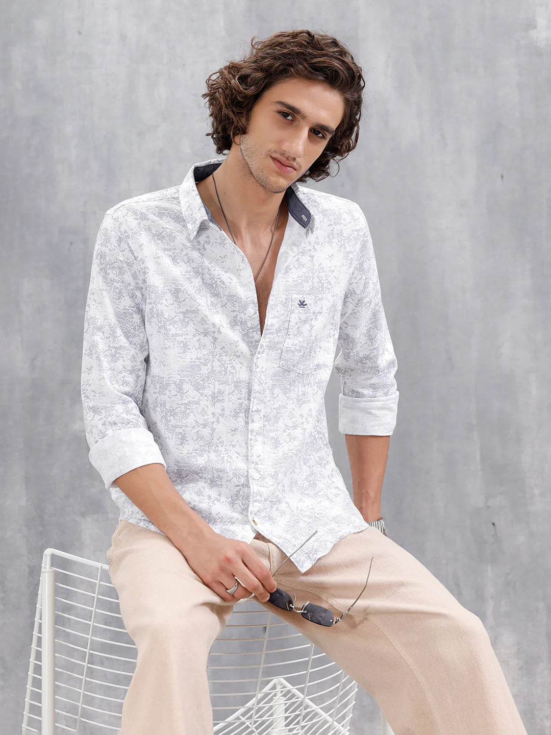 All-Over Abstract Print Casual Slim Fit Shirt | Light Blue