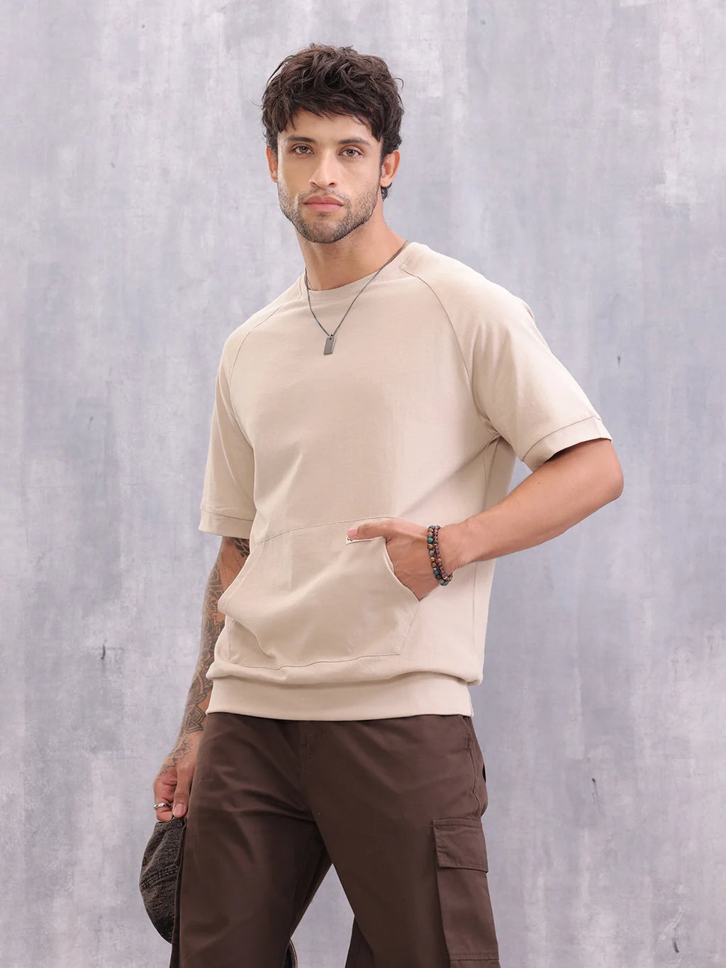 Raglan Sleeve Oversized Fit T-shirt With Rib And Patch Pocket | Beige