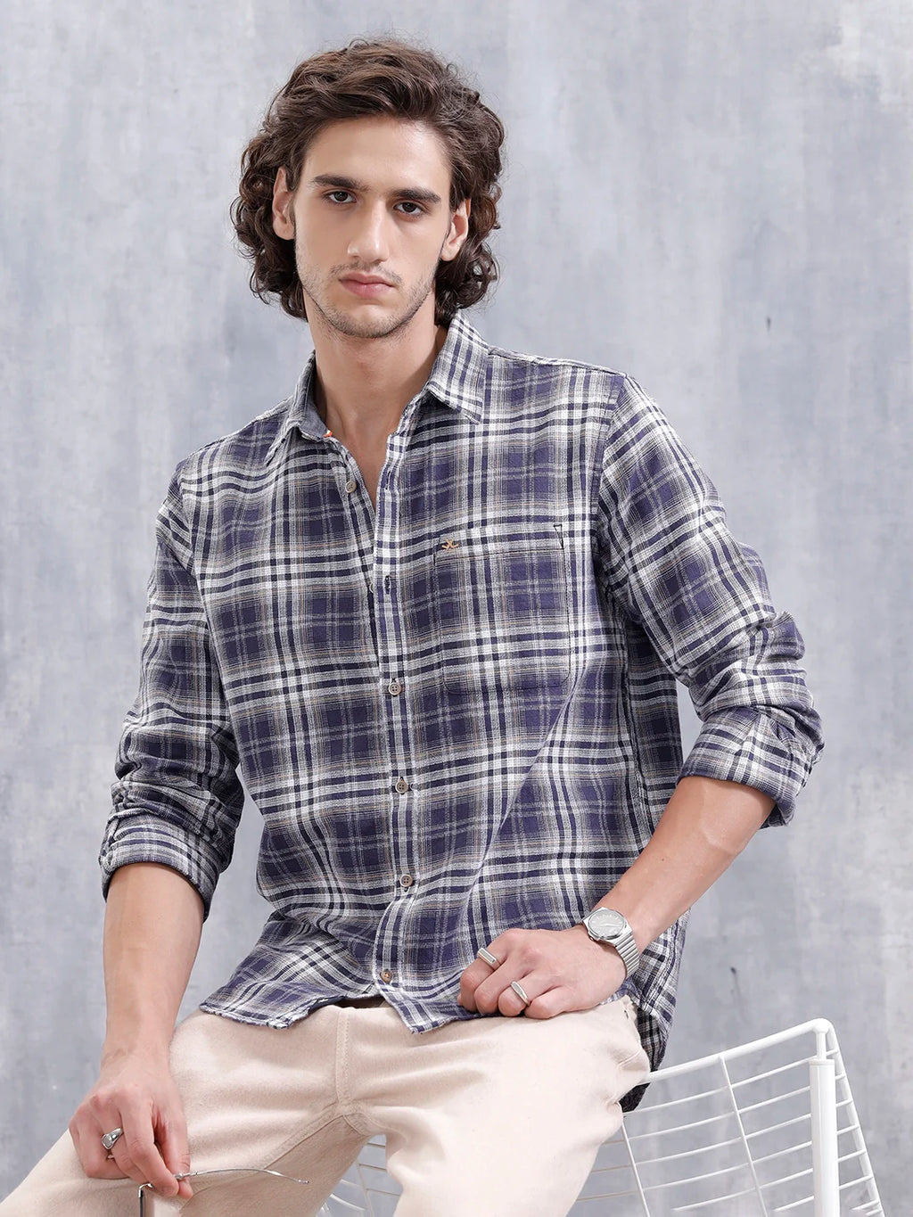 Textured Check Slim Fit Shirt | Navy Blue