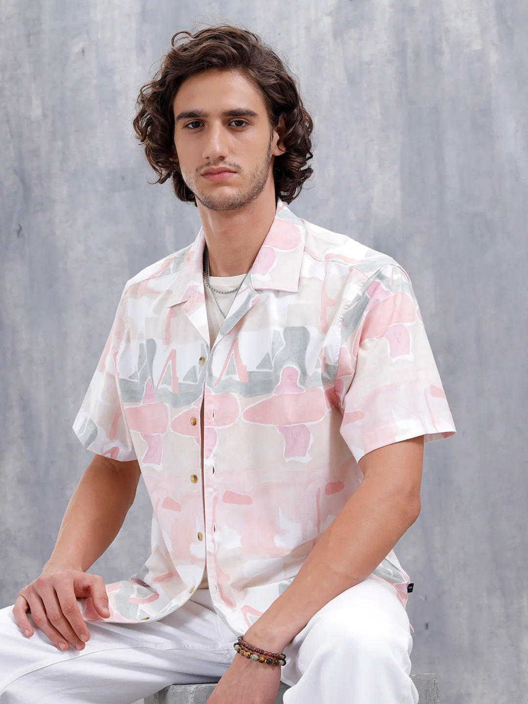 Abstract Aop Printed Comfort Fit Resort Collar Shirt | Pink