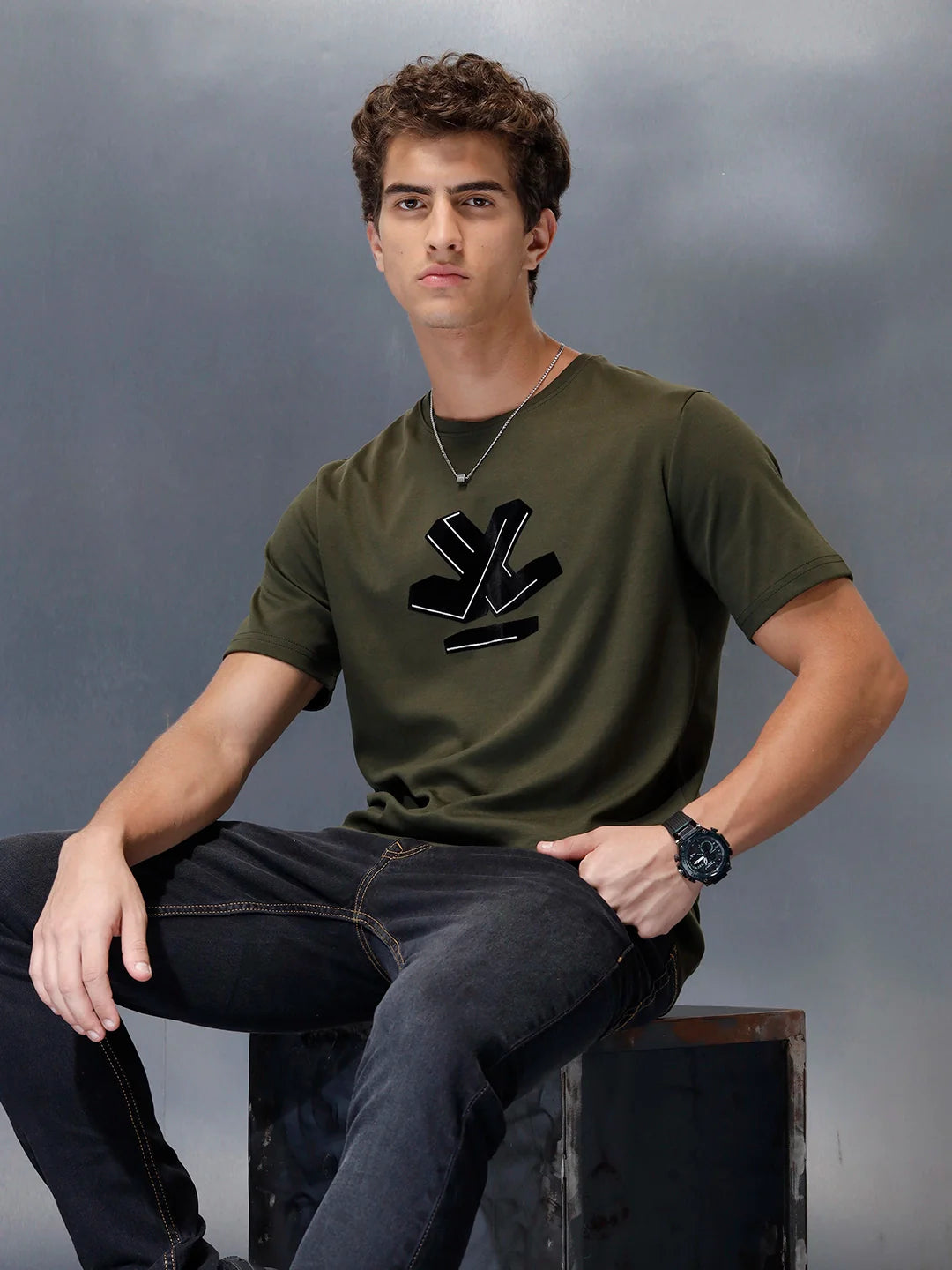 Men's Casual Wrogn Flock printed Tshirt  | Olive
