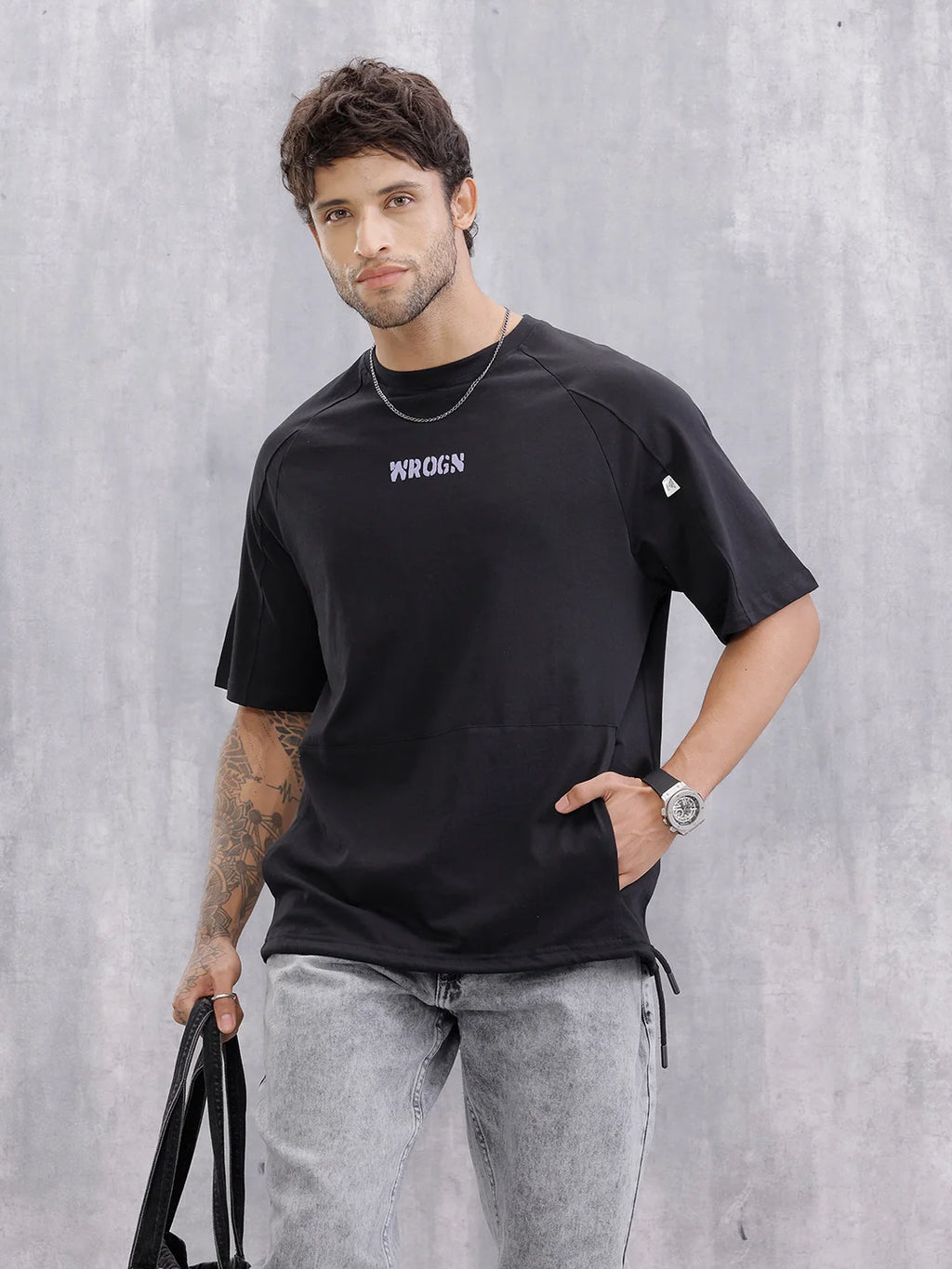 Tonal Cut&Sew Oversized Fit T-shirt With Patch Pocket And Elasticated Bottom Hem | Black
