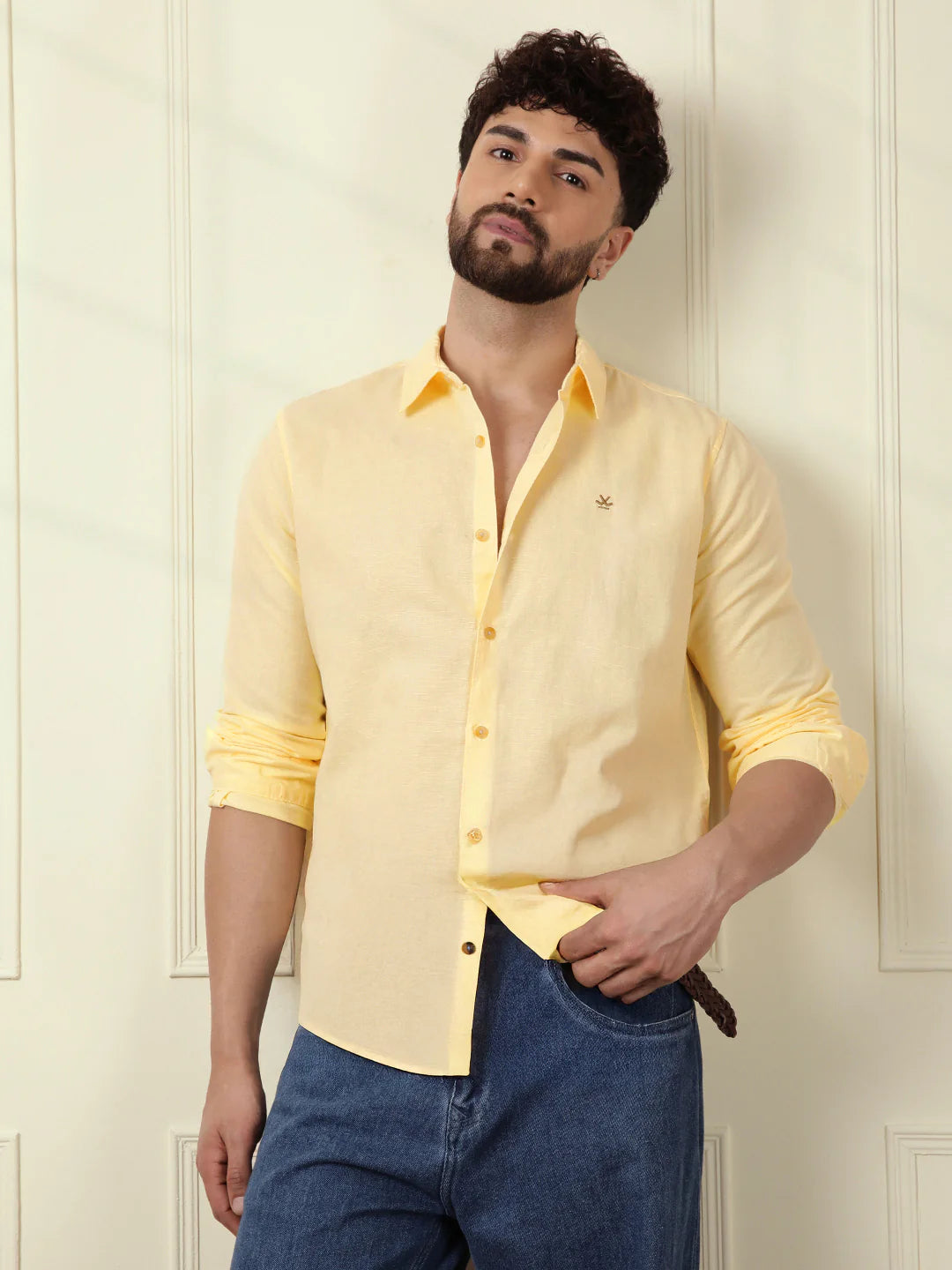 Solid Linen Blend Shirt | Yellow