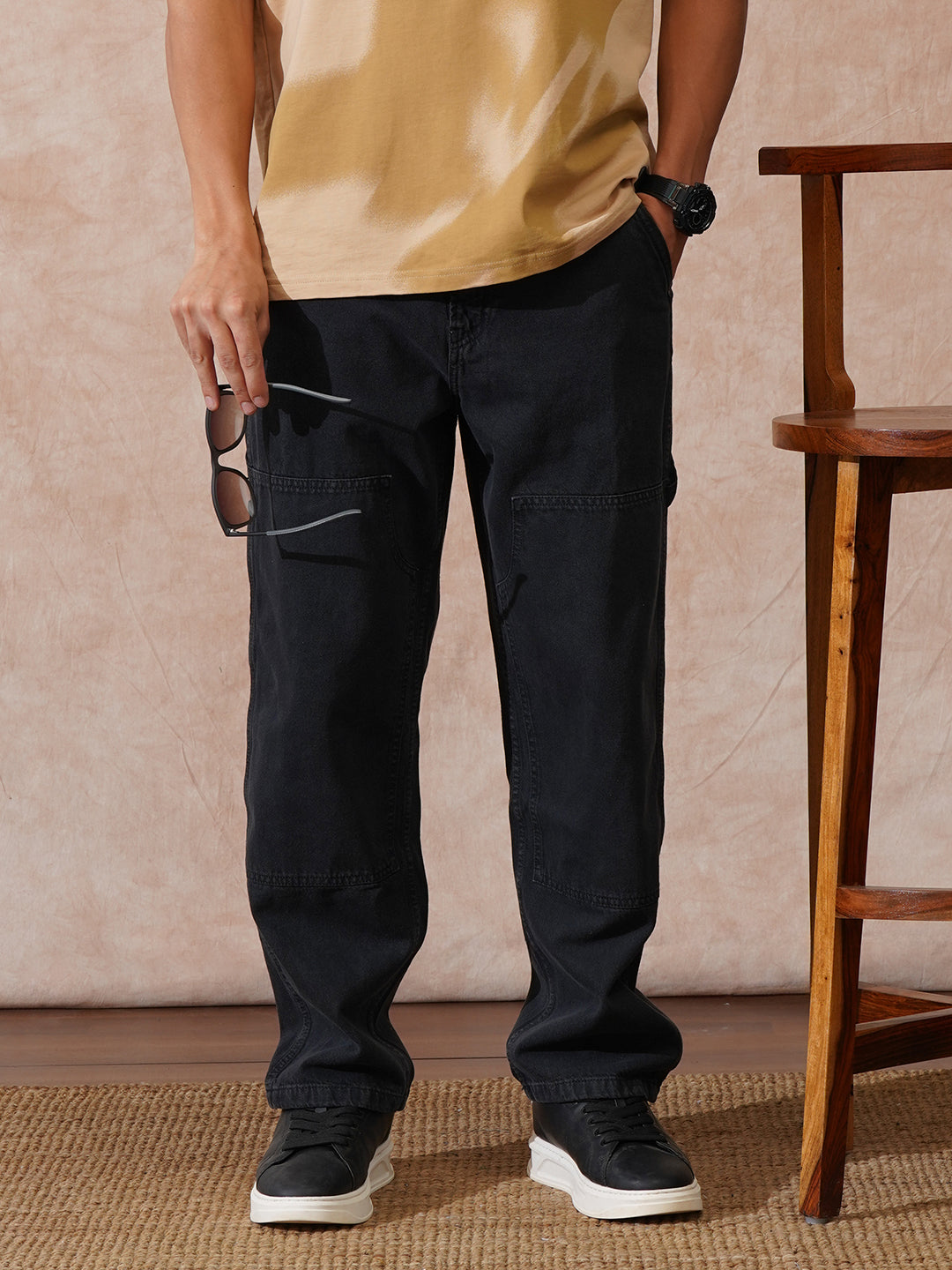 Solid Carpenter Style Loose Fit Trouser | Black