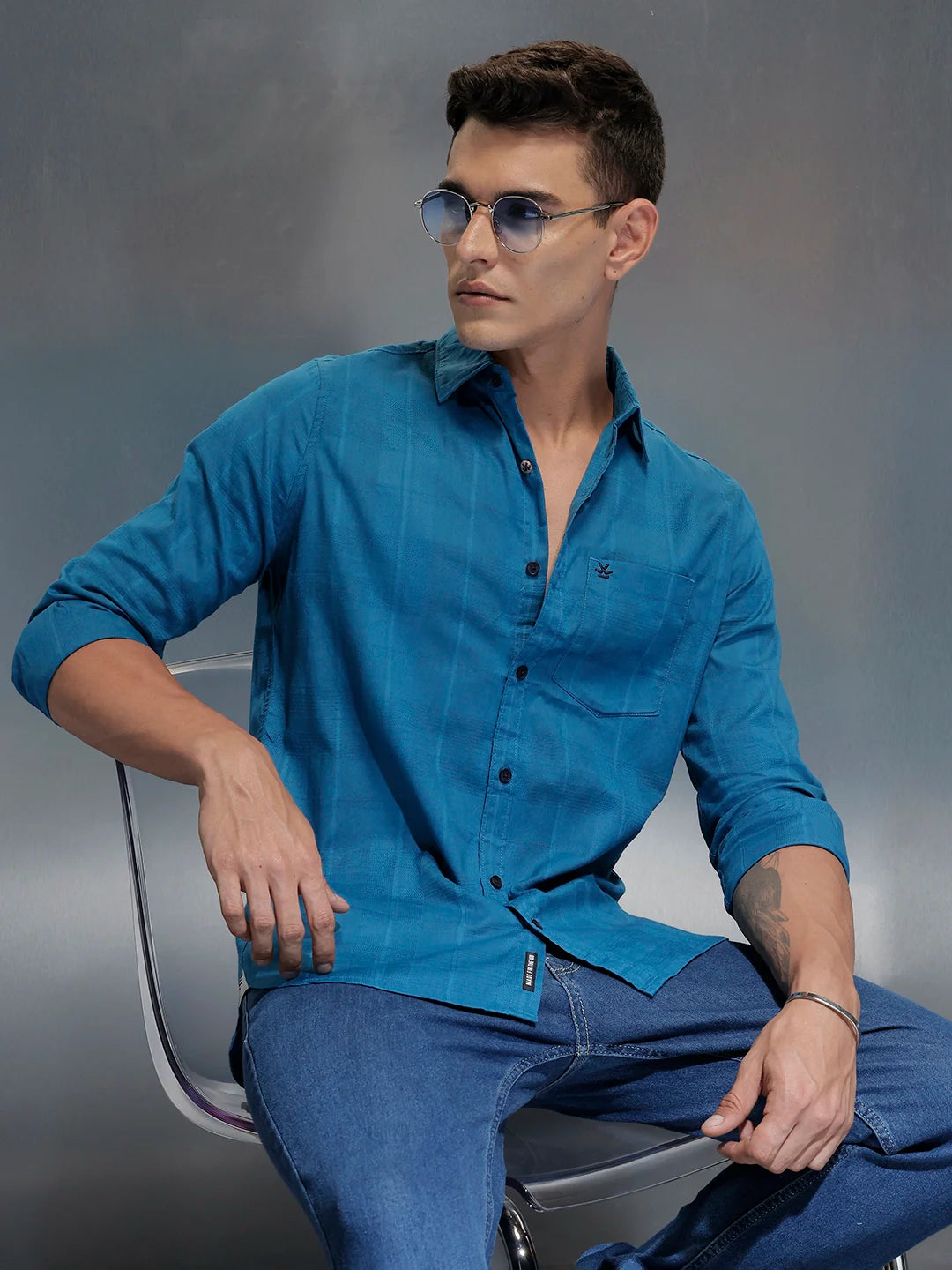 Men's slim fit casual shirt with checked weave pattern | Blue