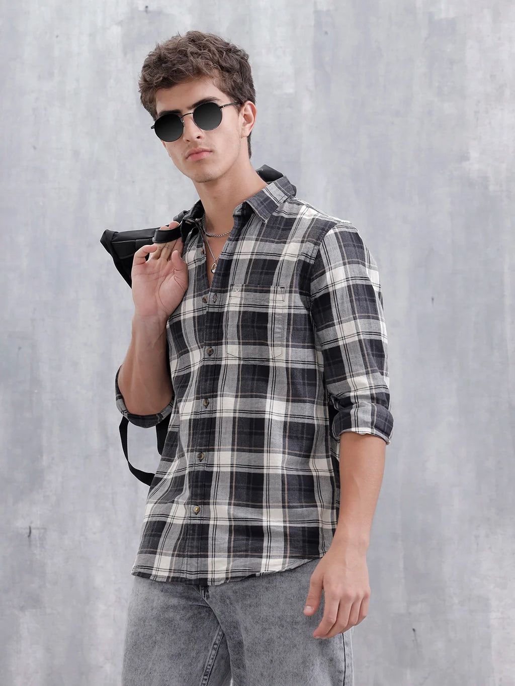 Mocklino Open Dobby Slim Fit Check Shirt | Grey