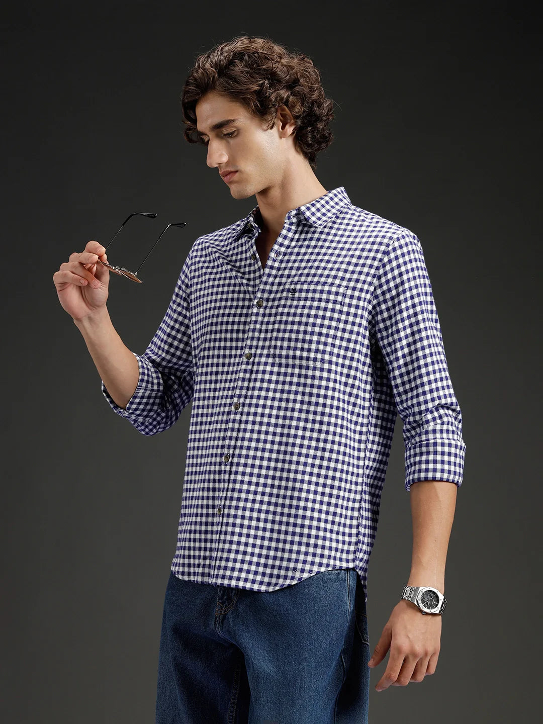 Wrogn Men's Classic Gingham Checked Shirt  | Navy Blue