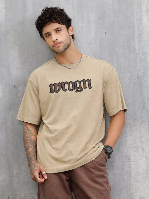 Acid Wash Oversized Fit T-shirt With Embroidery | Khaki