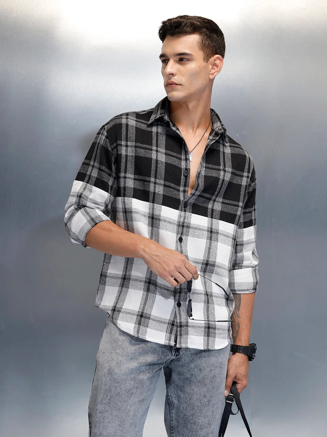 Men's Casual Oversized Fit Checkered Pattern Shirt | Black