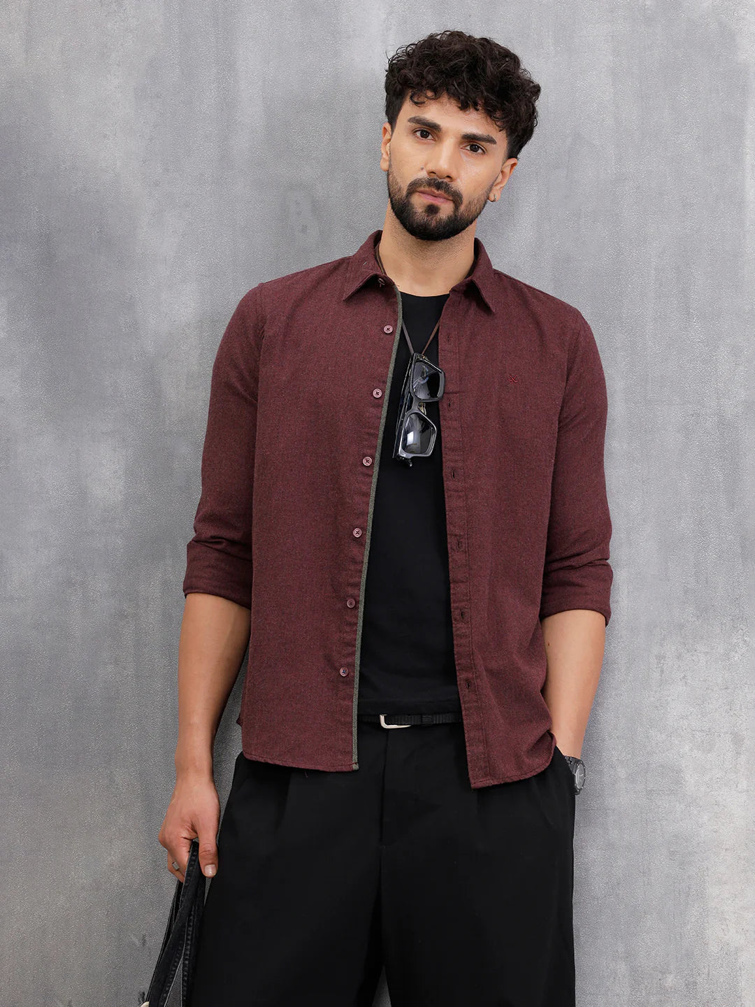 Melange Fabric Smart Shirt In Slim Fit | Maroon