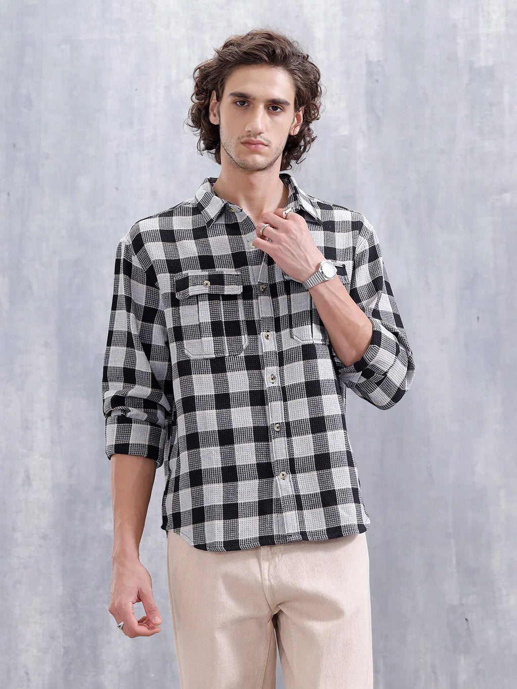Checkered Pattern Double Pocket Comfort Fit Shirt | Black