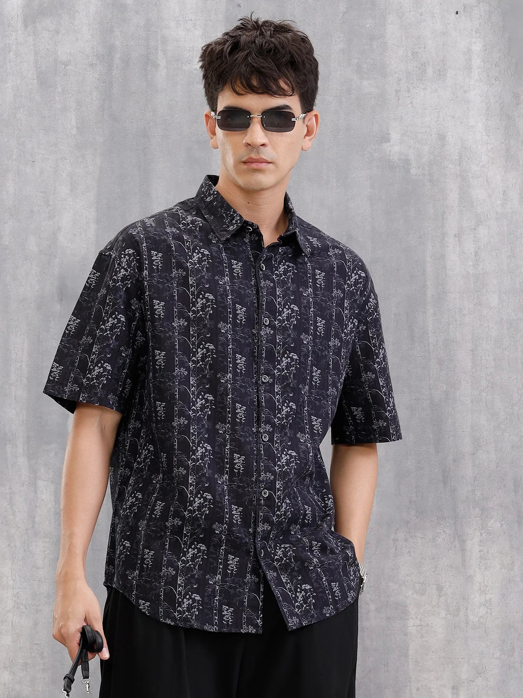 Nature Inspired 100% Cotton Aop Printed Oversized Shirt  |  Black