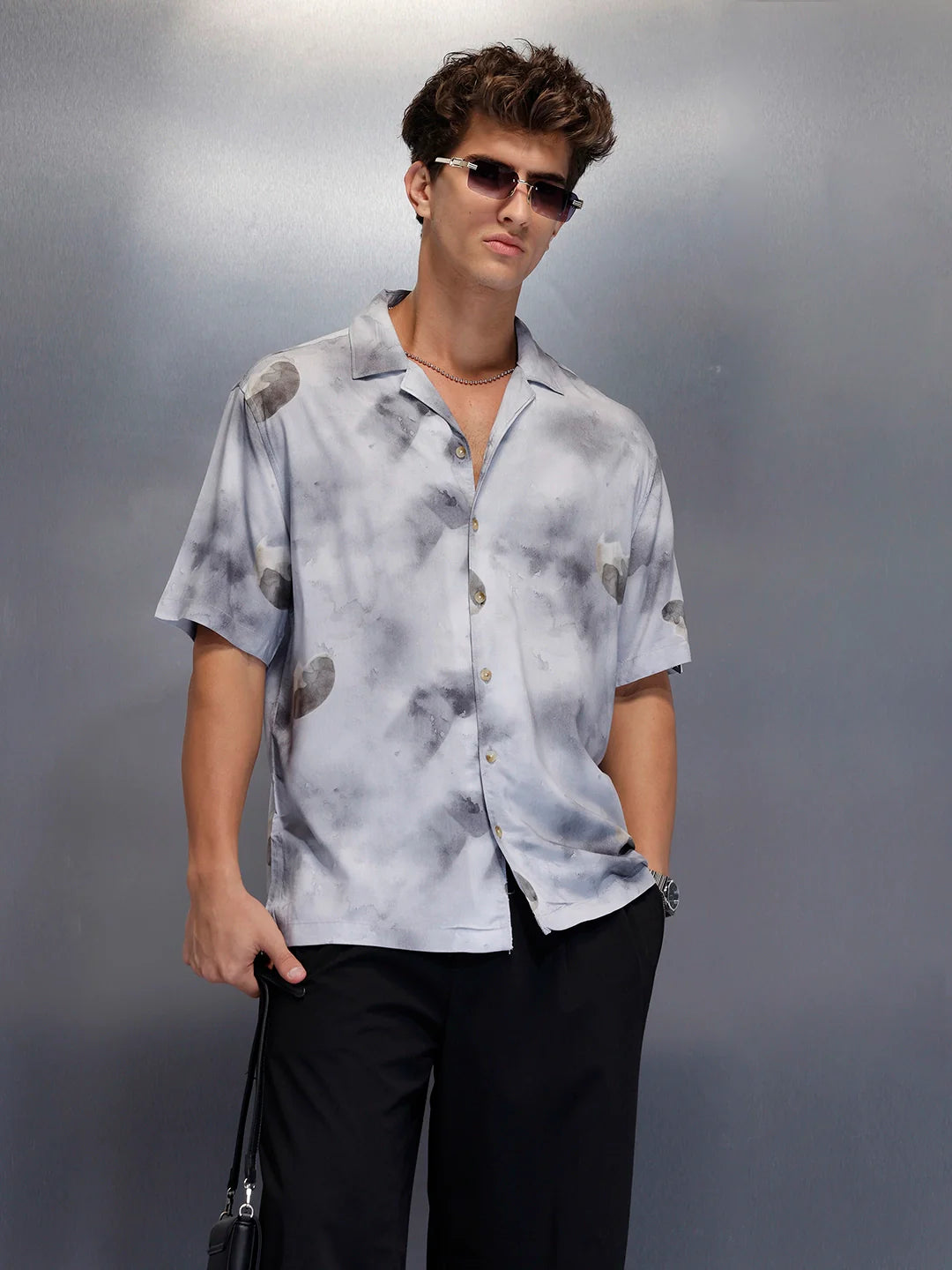 Men’s casual grey printed resort shirt | Navy Blue