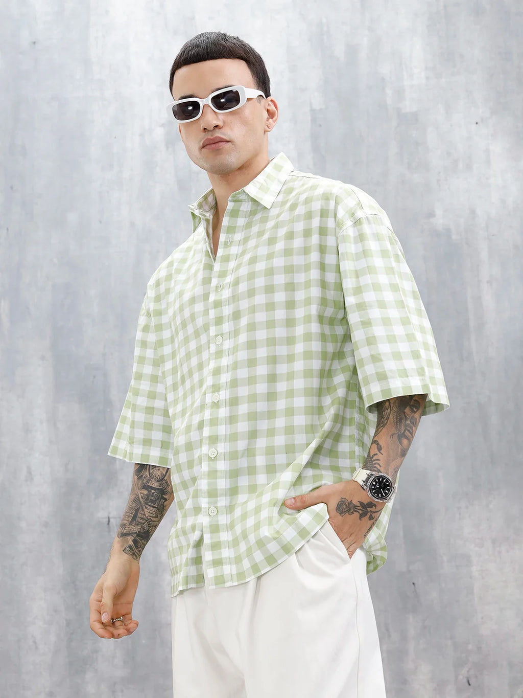 Wrogn Men's Oversized Plus Tonal Checked Shirt | Green