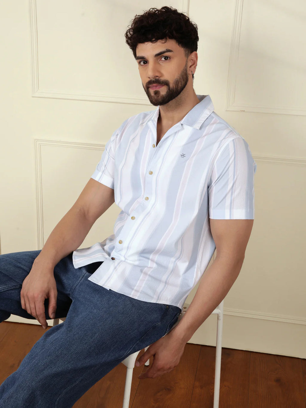 Printed Stripes Seersucker Shirt | Light Blue