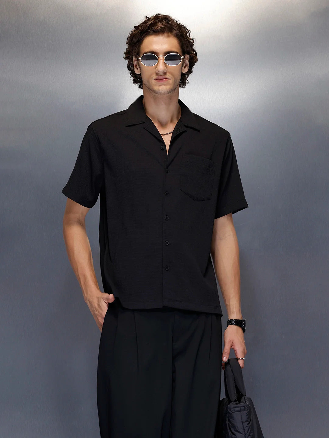 Men’s black casual camp collar shirt | Black