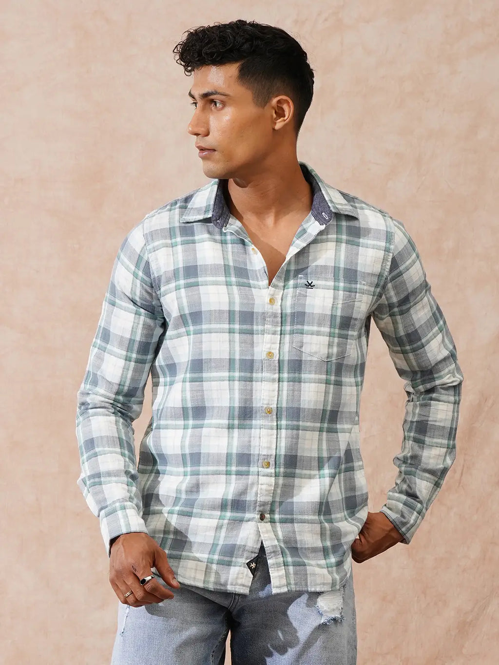 Herringbone Checks Slim Fit Shirt | Green