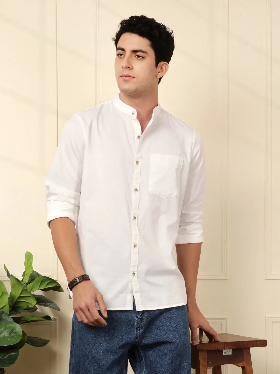 Mandarin Collar Slim Fit Shirt in White