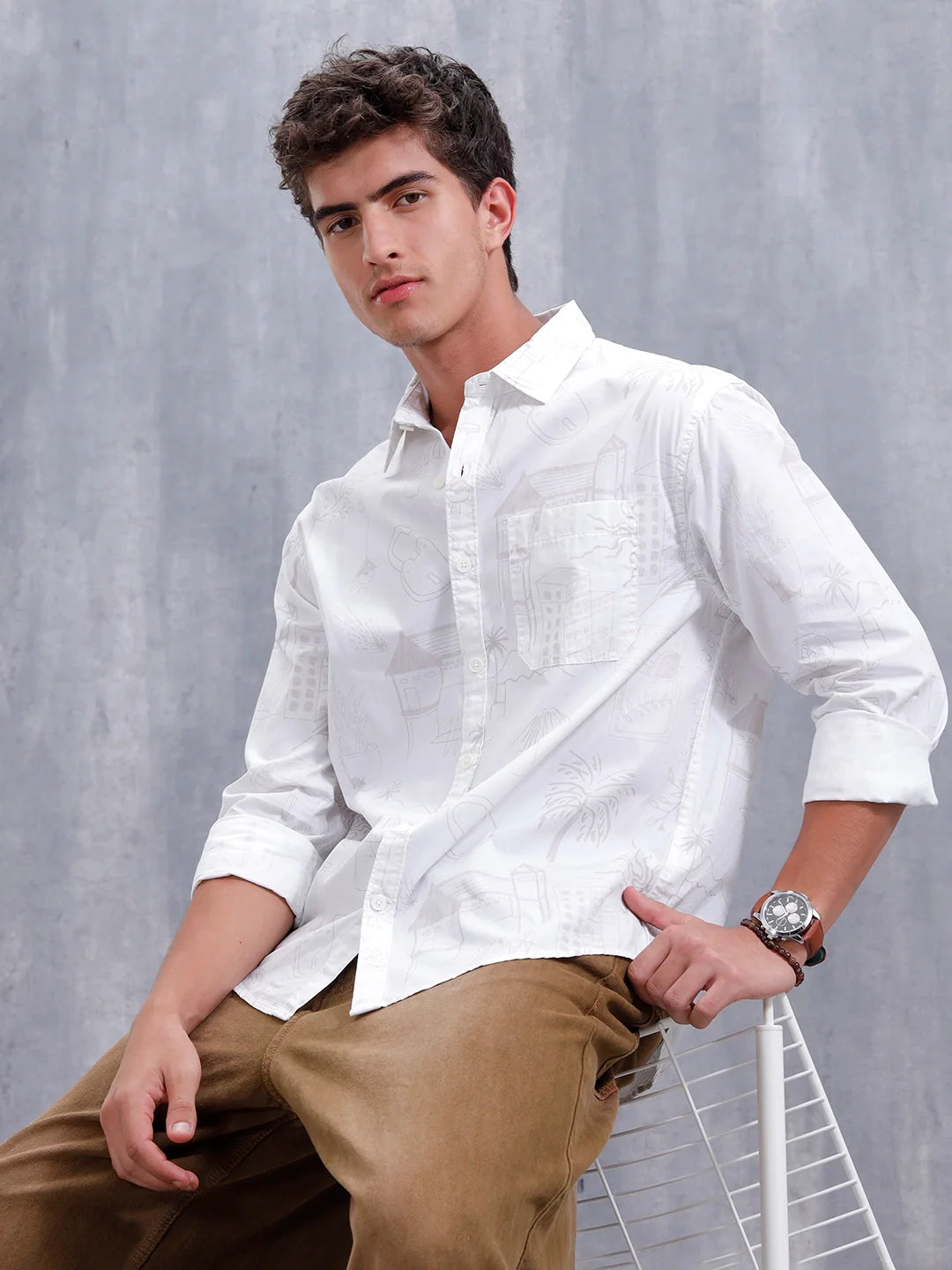 Aop Printed Comfort Fit Spread Collar Shirt | White
