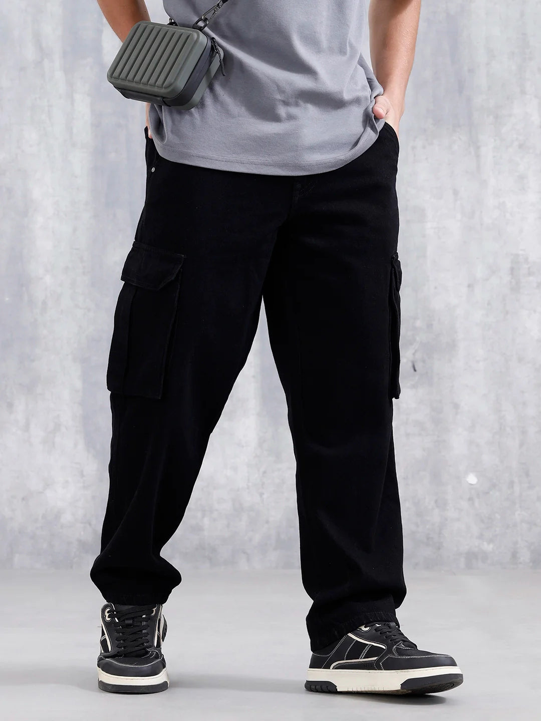 Loose Fit Workwear Trousers With Patch Pockets & Hammer Loop | Black
