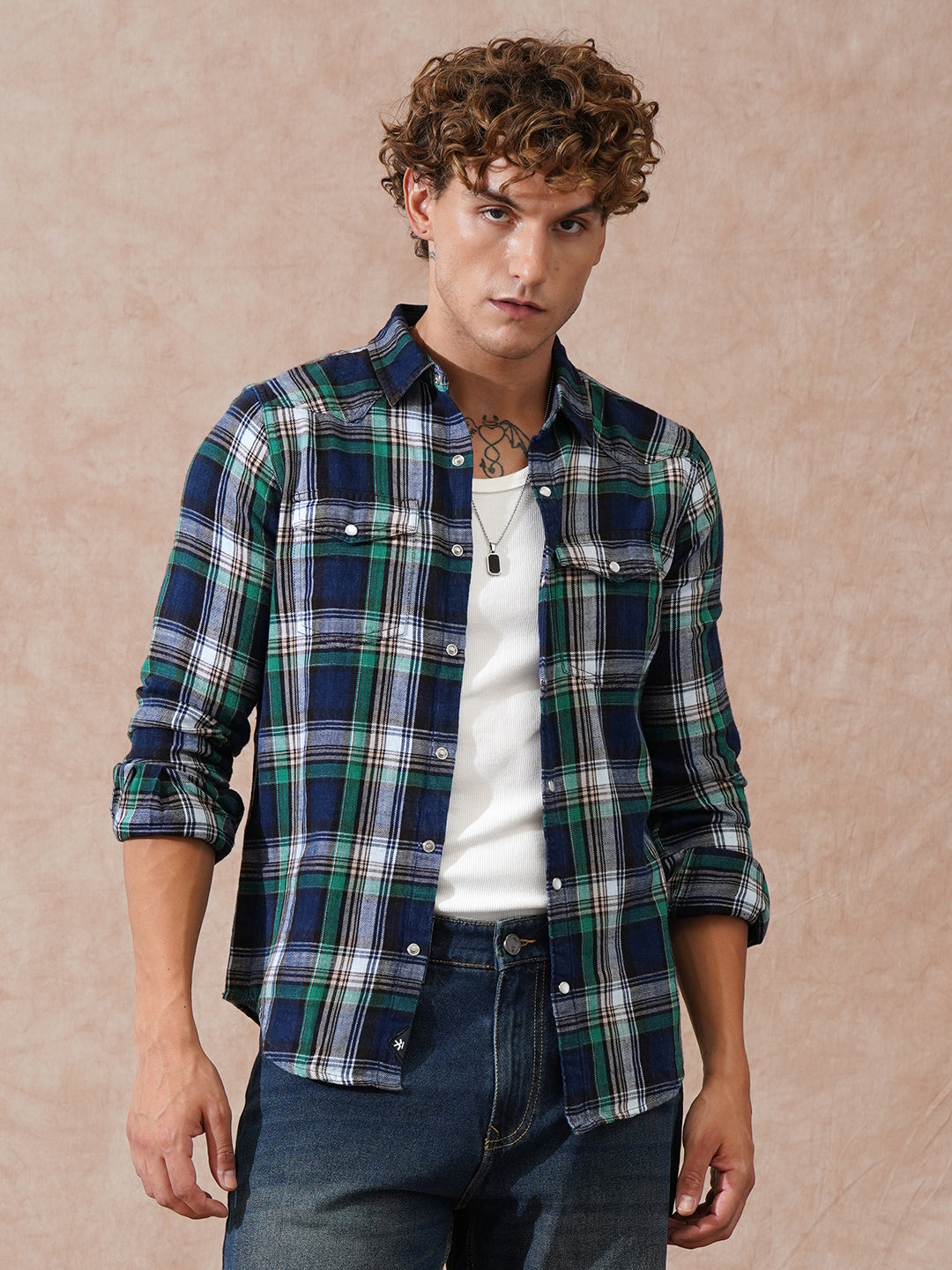 Double Pocket Checked Shirt | Green