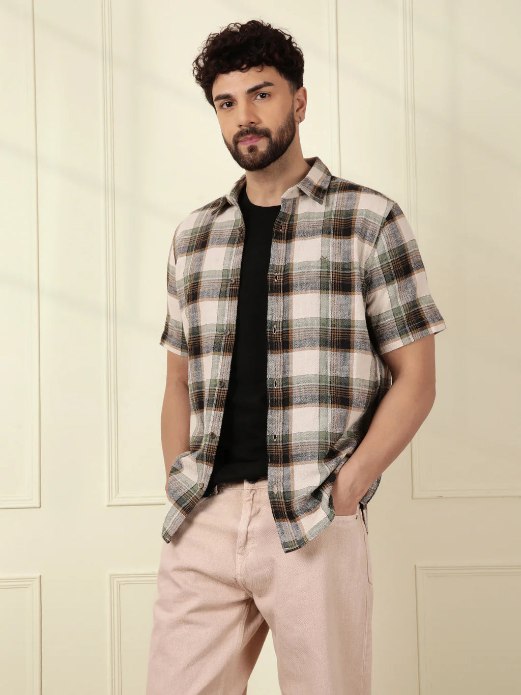 Textured Checks Cotton Shirt | Green