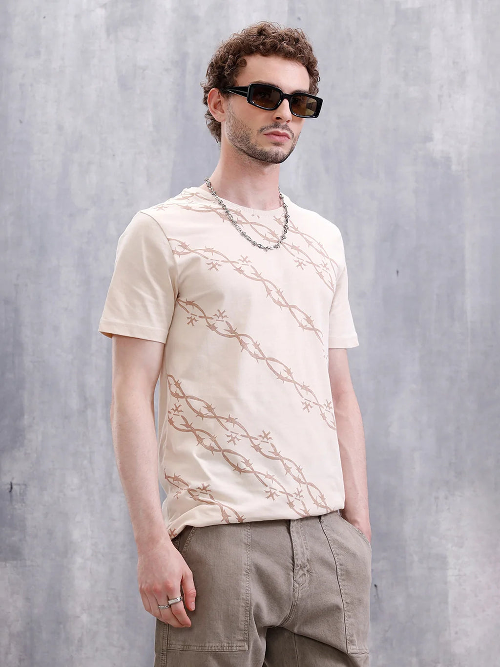 Barbed Wire AOP Slim Fit T-Shirt | Beige