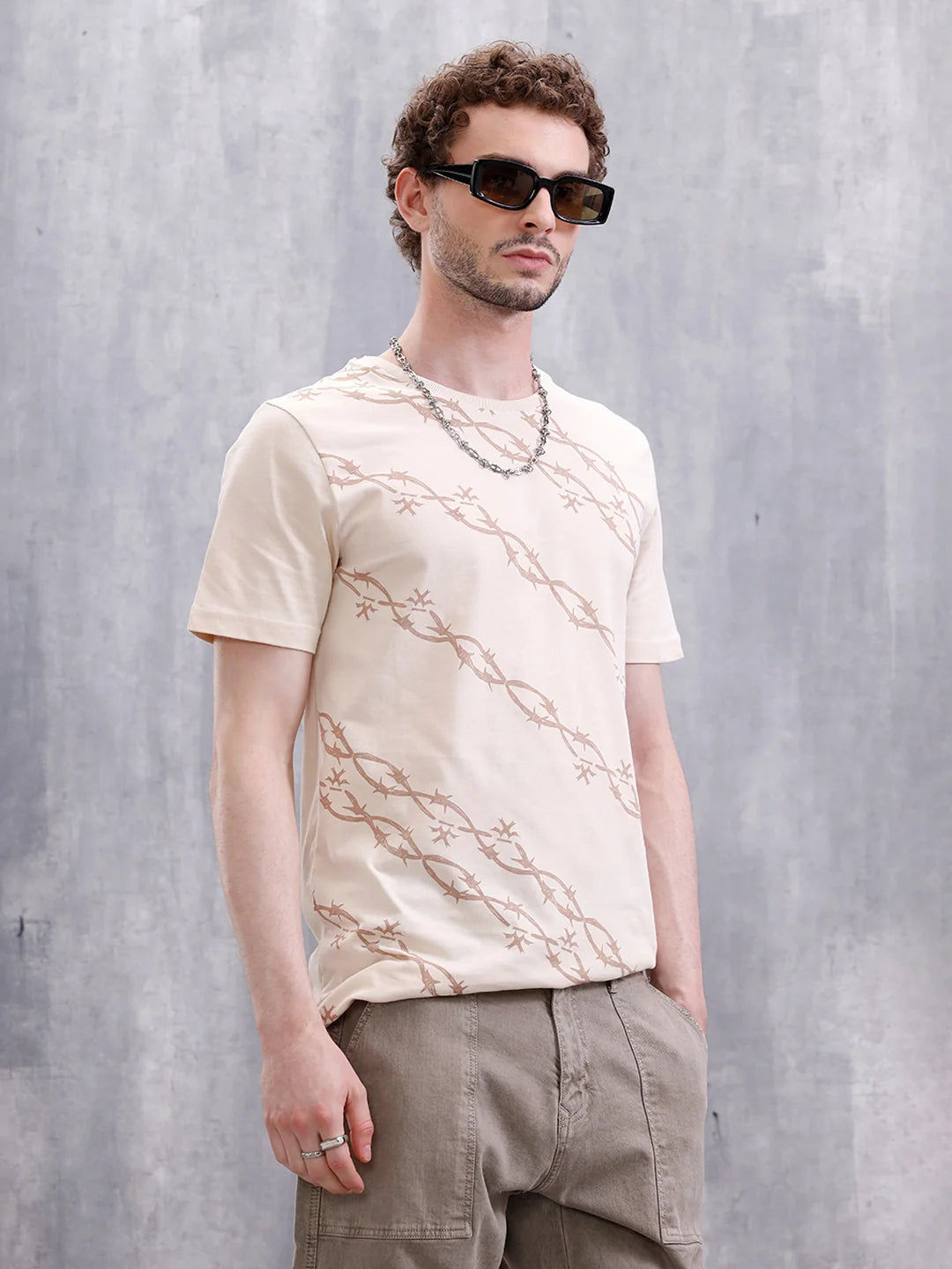 Barbed Wire AOP Slim Fit T-Shirt | Beige