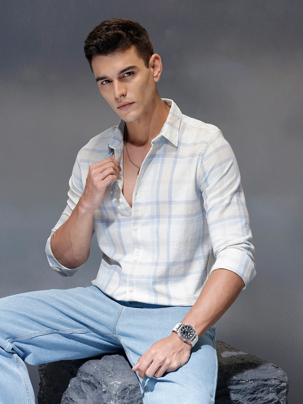 Men's casual check design slimfit shirt | Light Blue