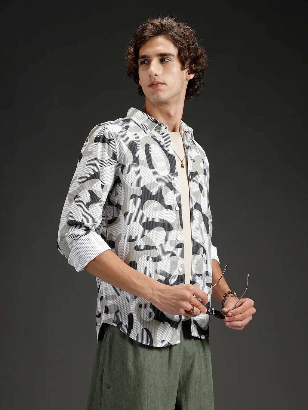 Wrogn Abstract Printed Slim Fit Shirt | Beige