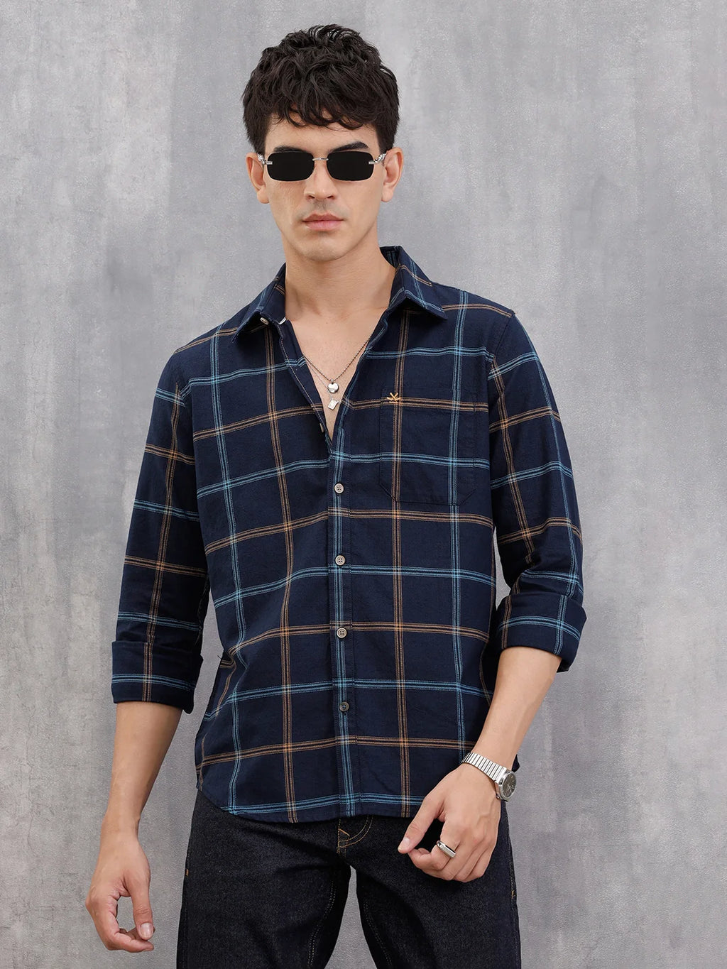 Textured Notebook Check Shirt In Slim Fit  | Navy Blue
