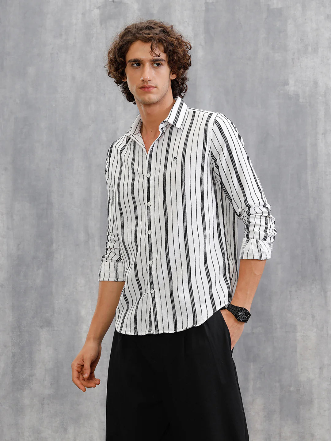 Slim Fit Stripe Shirt In Chenille Yarn | White