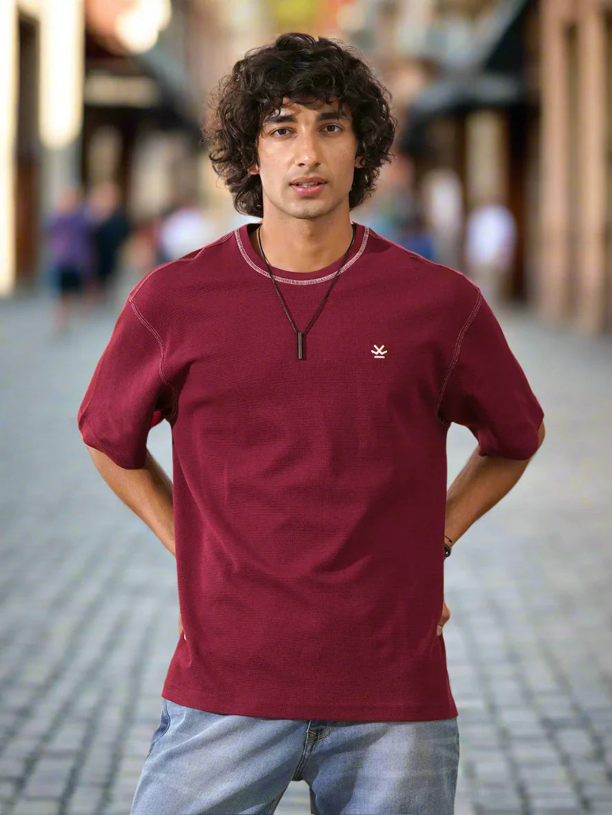 Textured Waffle Knit T-Shirt | Maroon