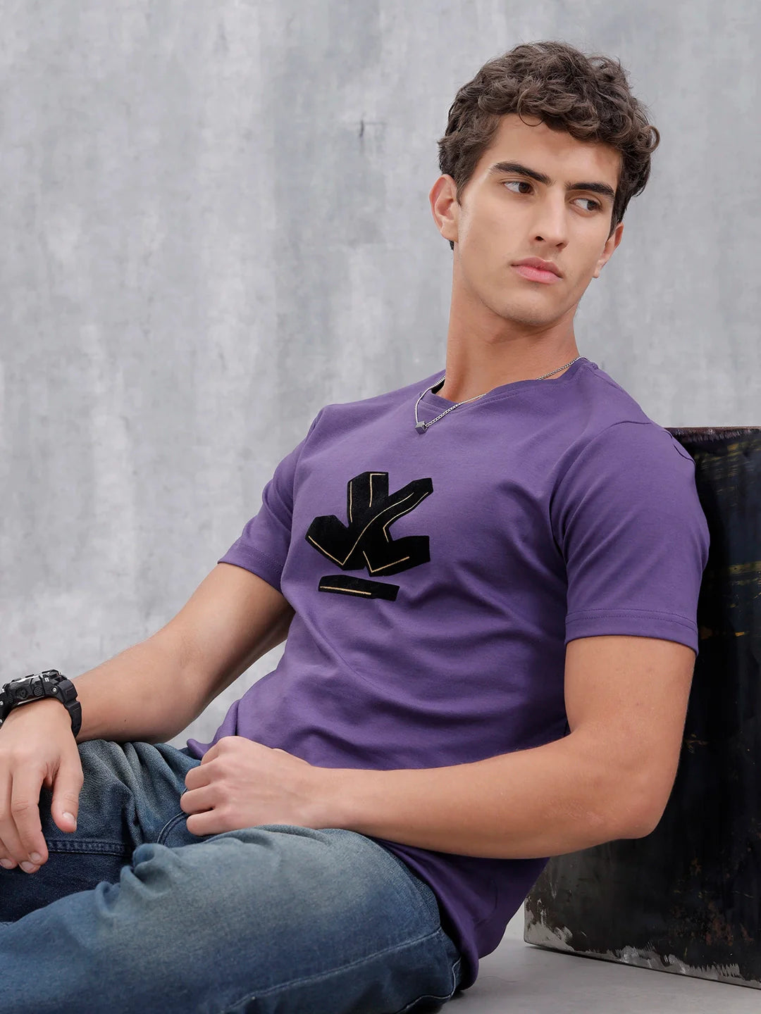 Slim Fit Metallic Flock T-Shirt | Purple
