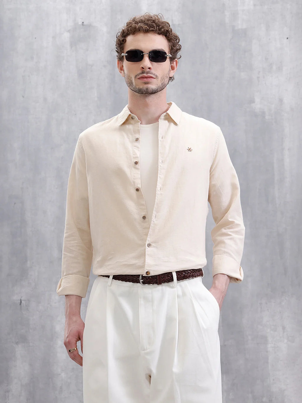 Solid Linen Blend Slim Fit Shirt | Beige