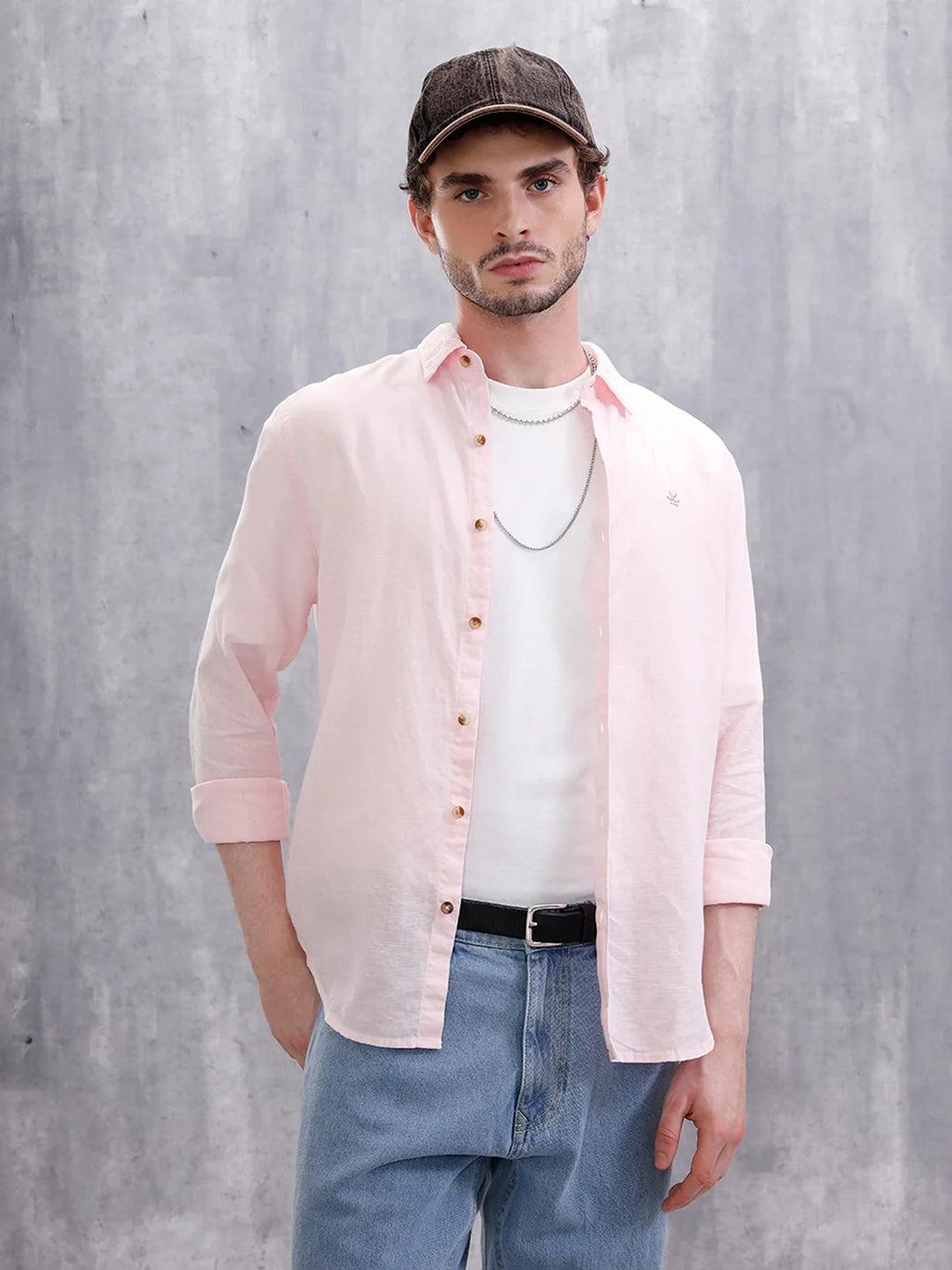 Solid Linen Blend Slim Fit Shirt | Pink