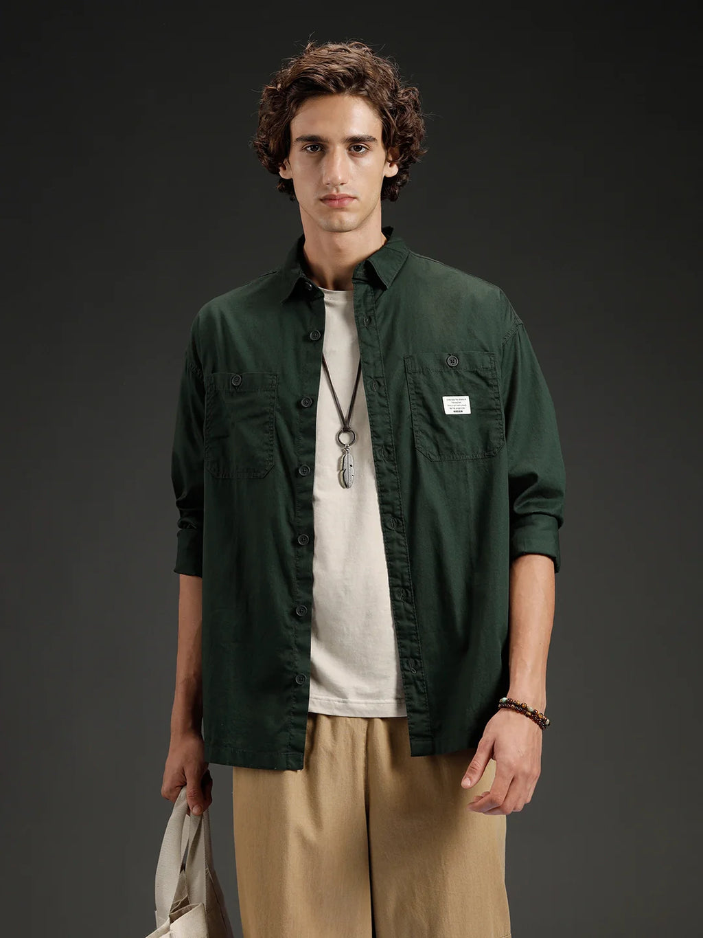 Wrogn Men's Casual Oversized Shirt | Green