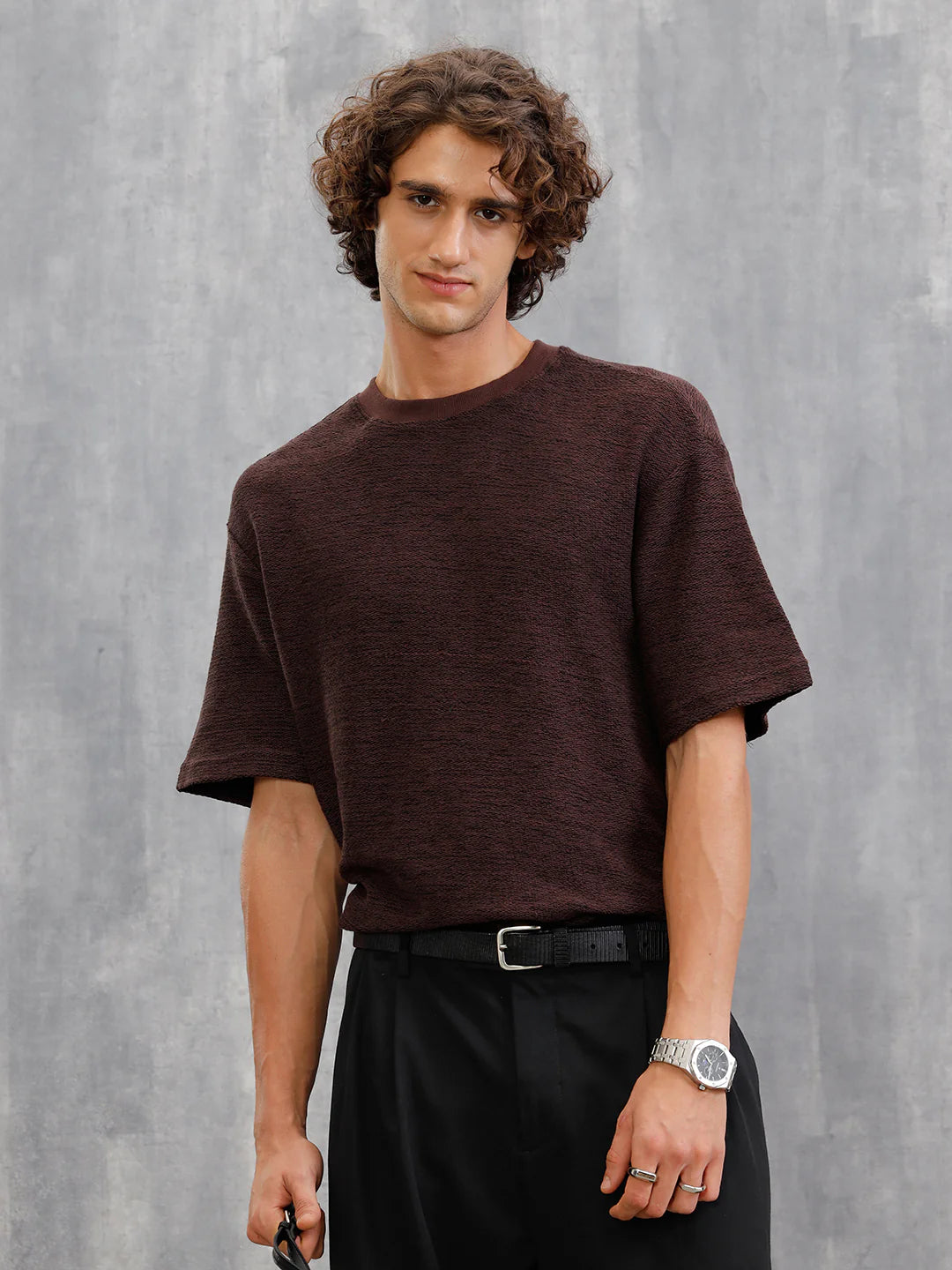Two Tone Textured Slub Knit Oversized Crew Neck T-Shirt With Chunky Rib | Brown