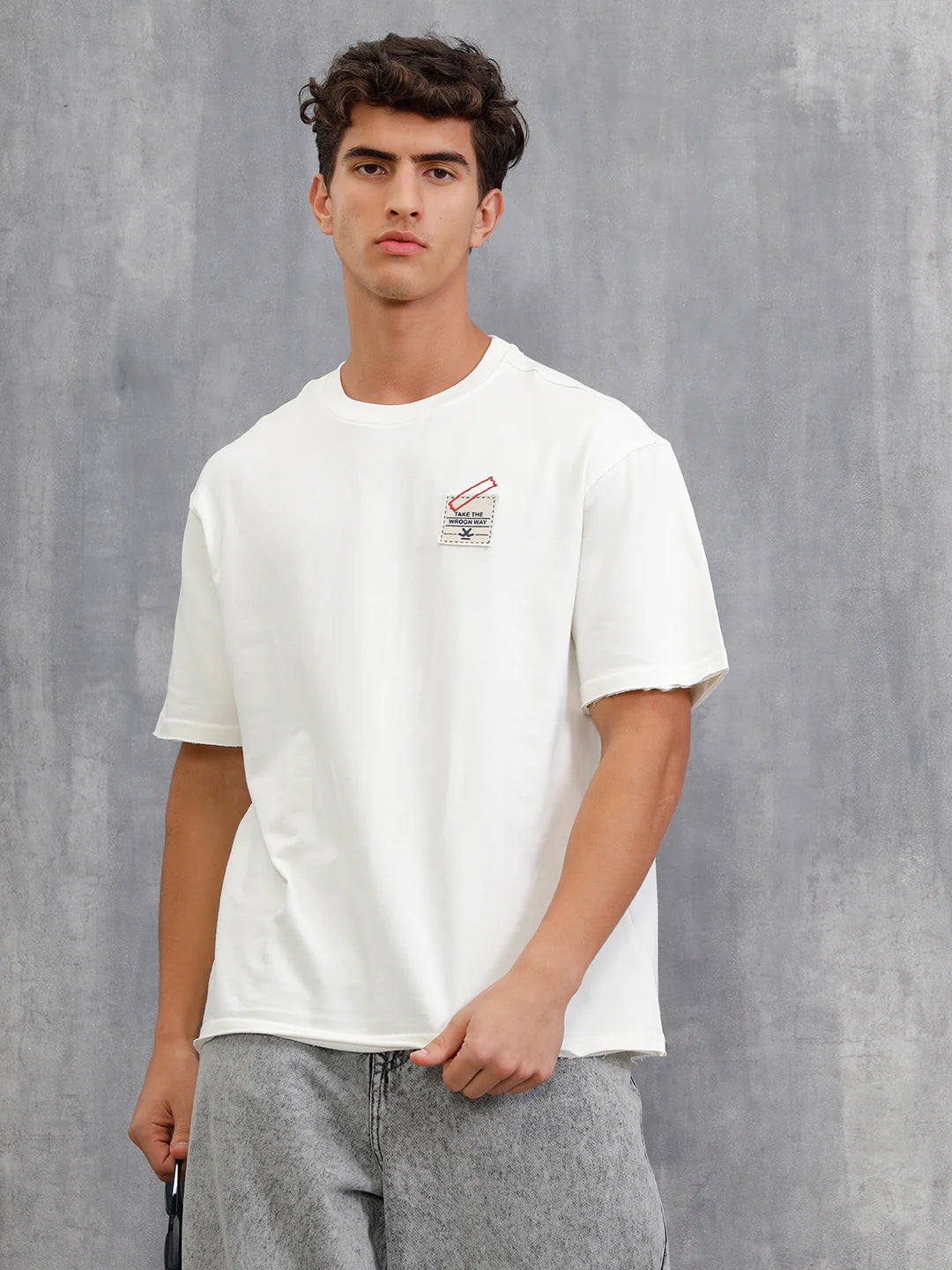 Solid Oversized T-Shirt With Printed Canvas Patch And Raw Edge Detail  | Off White