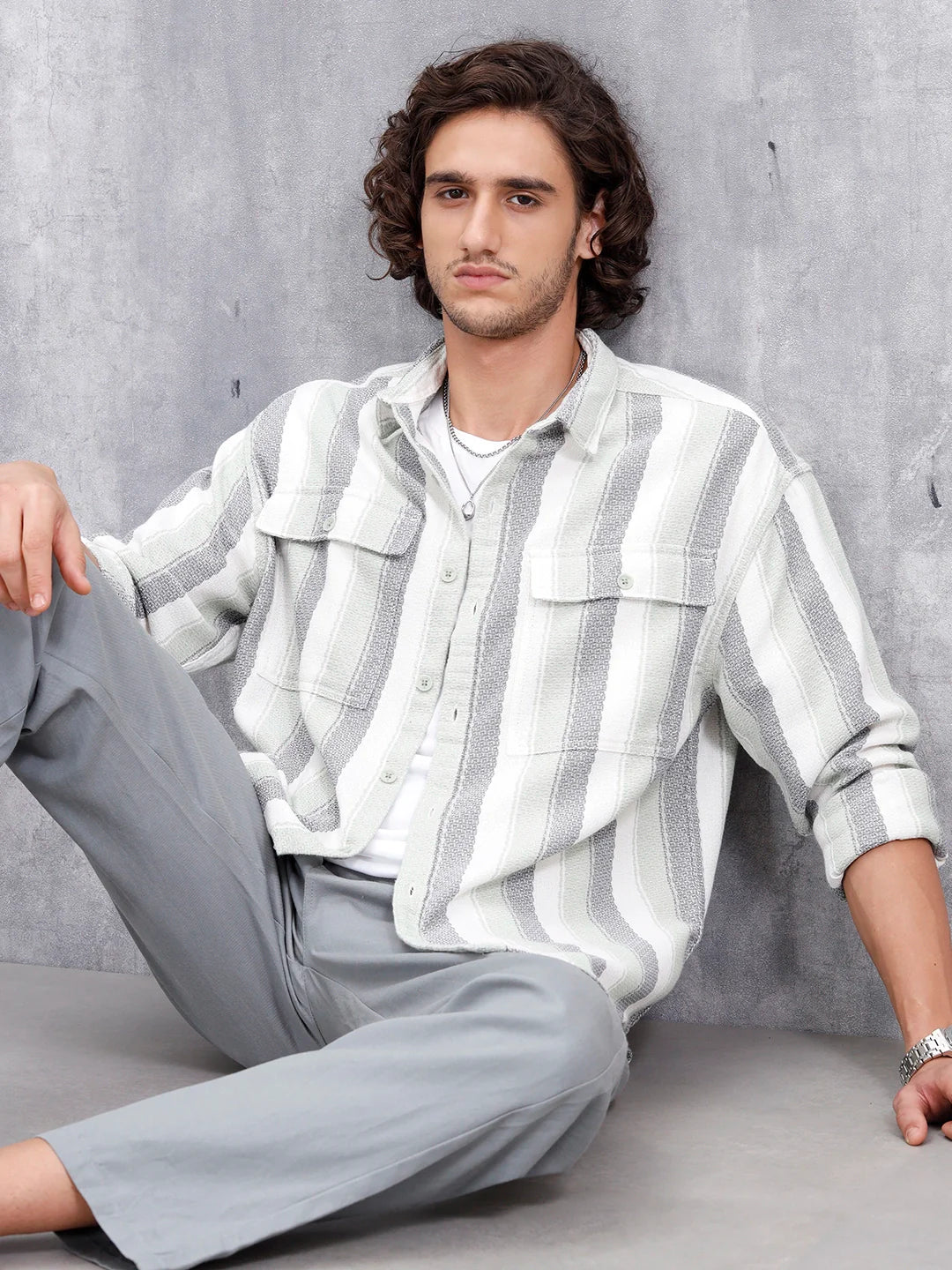 Textured Striped Double Pocket Oevrsized Fit Shirt | Green